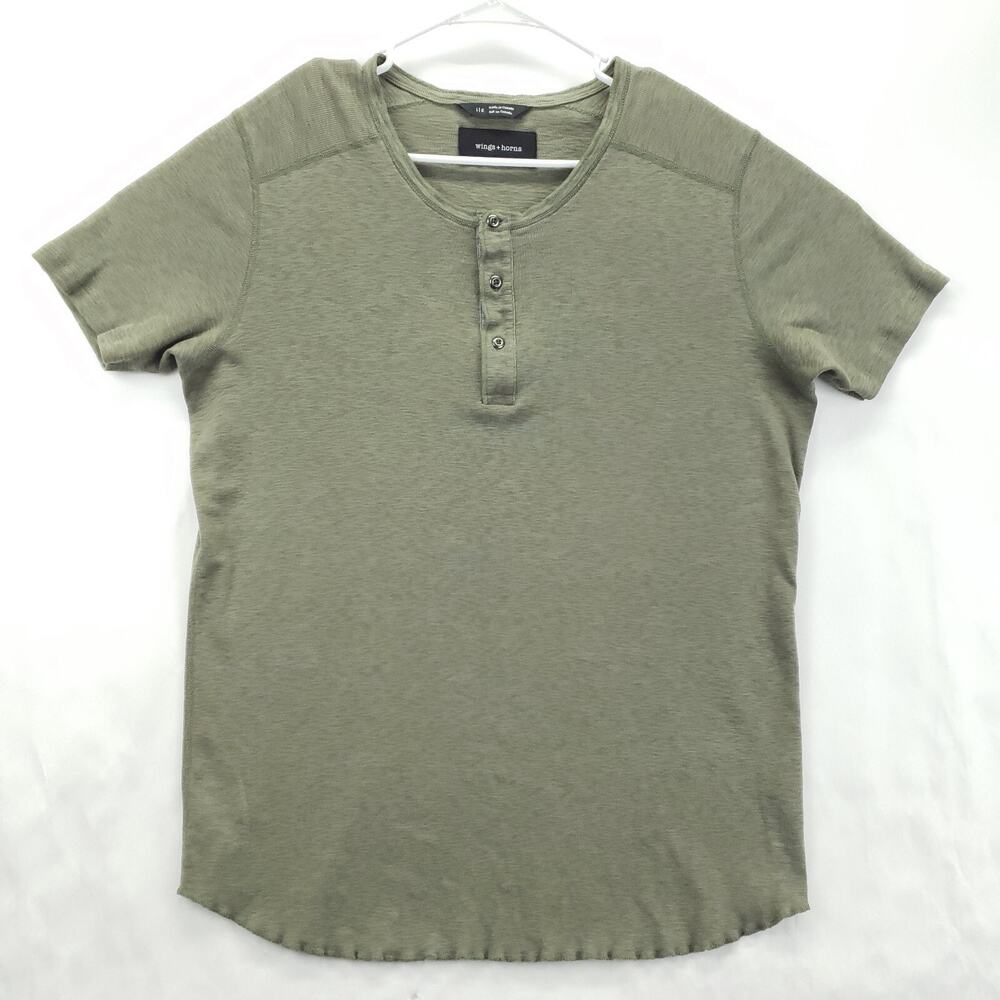 Wings + Horns Shirt Mens Large Olive Green 100% Cotton Short Sleeve Henley Neck